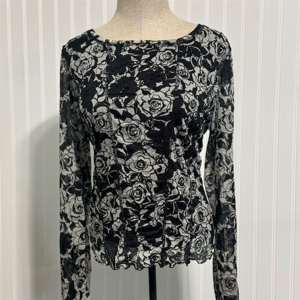 Vanity‎ Black White Mesh Top Floral Rose Print Sheer Long Sleeve Lettuce Edge L